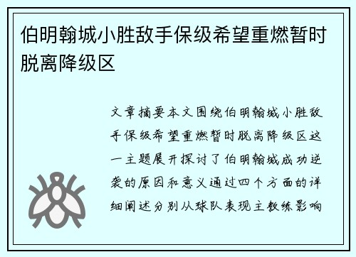 伯明翰城小胜敌手保级希望重燃暂时脱离降级区