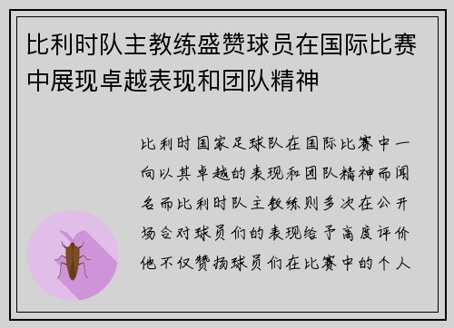 比利时队主教练盛赞球员在国际比赛中展现卓越表现和团队精神